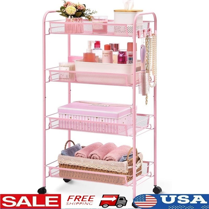 Rolling Storage Cart W/ Mesh Baskets Hooks Quiet Wheels Multi-Function Organizer