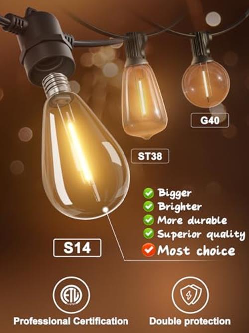 Outdoor String Lights, 48FT Edison Light String Commercial Grade 1 Black