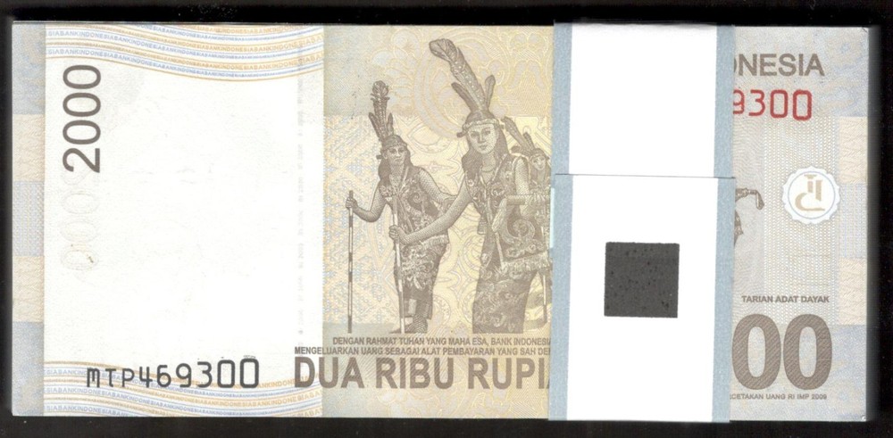 Lot 100 Pcs 1 Bundle Consecutive Indonesia 2000 2,000 Rupiah 2009 UNC
