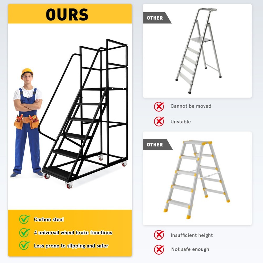 6Step Rolling Warehouse Step Ladder Rolling Stair &Wheel Movable Platform Ladder