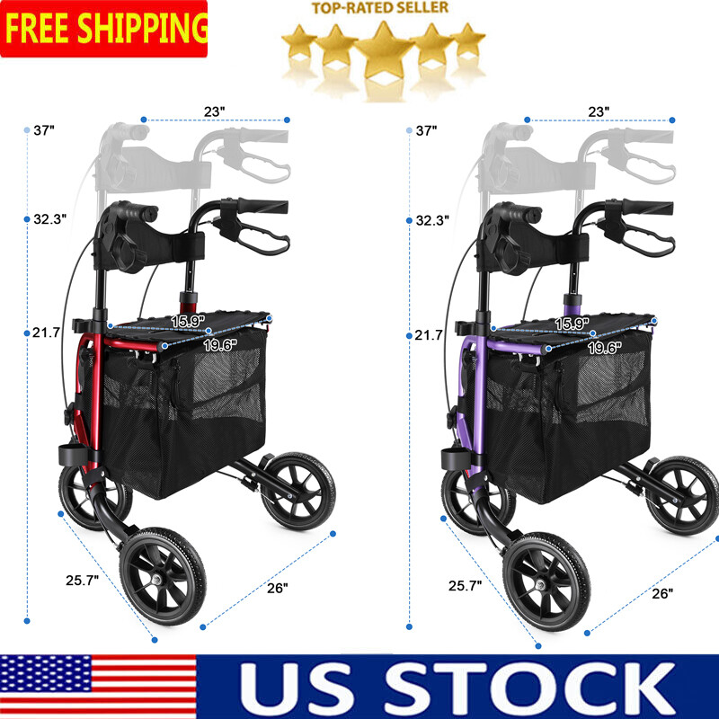 8" 3-Wheel Folding Rollator Walk Rolling Walker w/Adjustable Handle Storage Bag