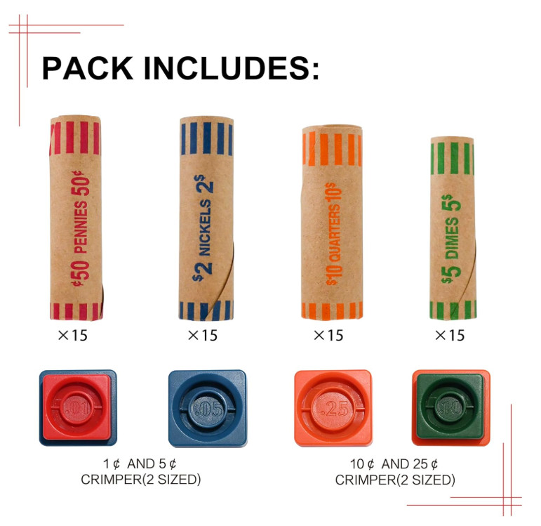 60 Assorted Coin Roll Wrappers Crimping Tool Set Color Coded for Quarters, Dimes
