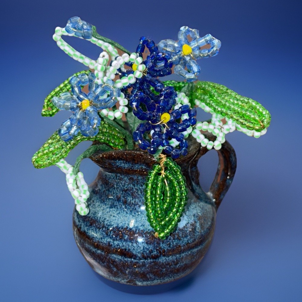 Mini Beaded Flowers In Blue/Brown Pottery Pot