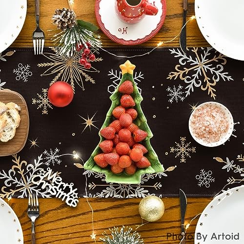 Snowflake Let It Snow Winter Table Runner, 13" x 72", Table Runner Black