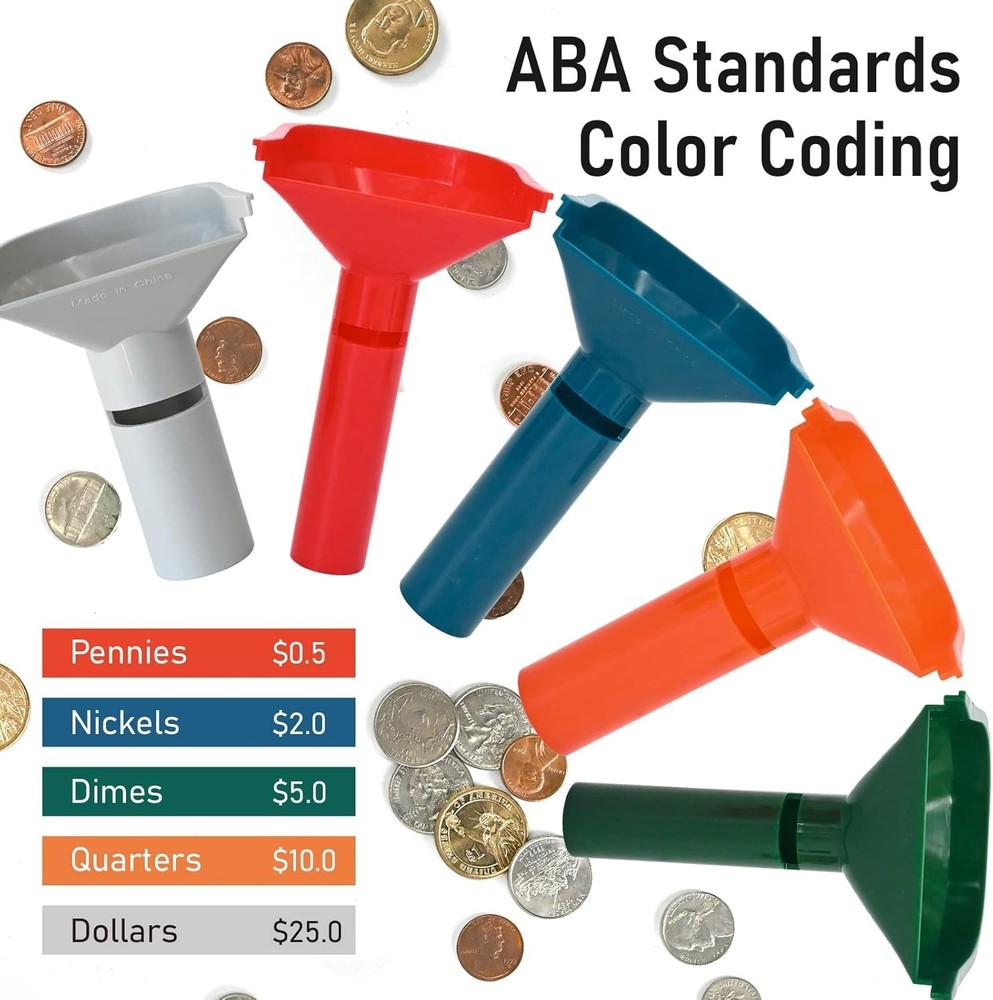 175 Assorted Coin Wrappers & 5 Color-Coded Sorting Tubes for Easy Use