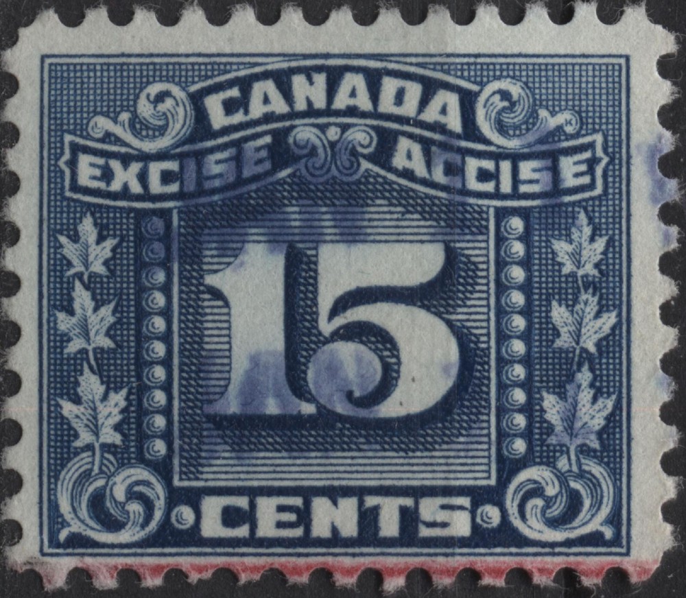 Canada 1934 VanDam #FX75 15c blue, Excise Stamp, three leaf, used