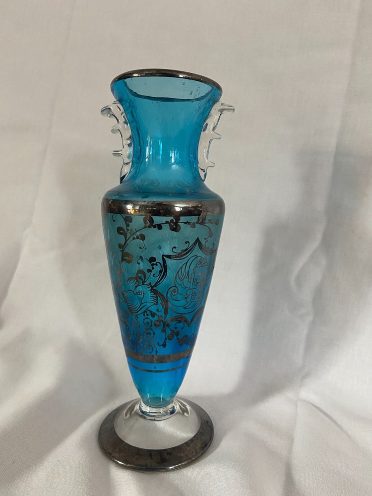 Vintage Blue Glass Vase with Applied Silver