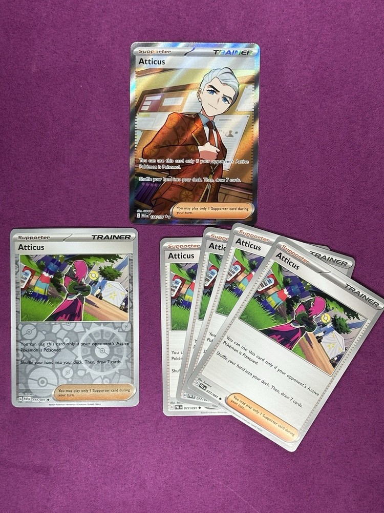 5x Atticus (1) 134/131 :Prismatic Evolutions Holo (1) Reverse Holo (4) regular