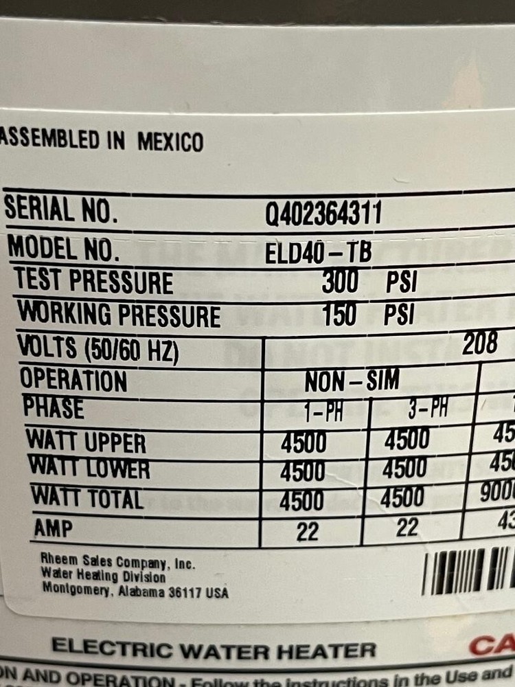 RHEEM Electric Water Heater 40 Gallon #ELD40-TB New In Box