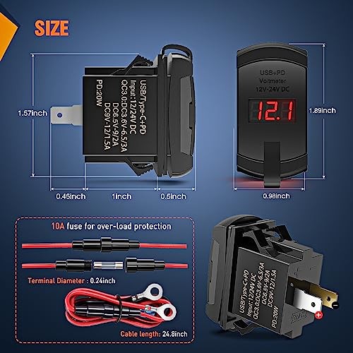 Rocker Switch Style USB Outlet LED Voltmeter Quick Type C + USB Voltmeter Red