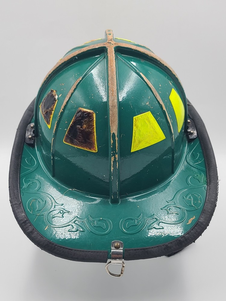 MSA Cairns 1010 2020 Green Firefighter Helmet Front Visor. Seen Fire Action.