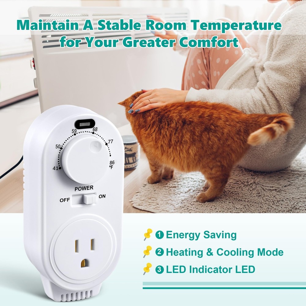 Adjustable Thermostat, Plug in Heating and Cooling Thermostat Controlled Outl...