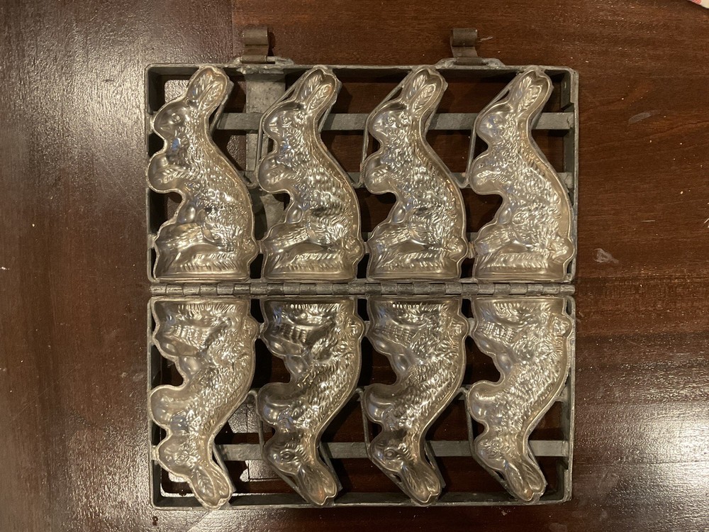 VINTAGE EASTER RABBIT SOLID CHOCOLATE STRAP CANDY MOLD METAL HINGED. Four Molds.