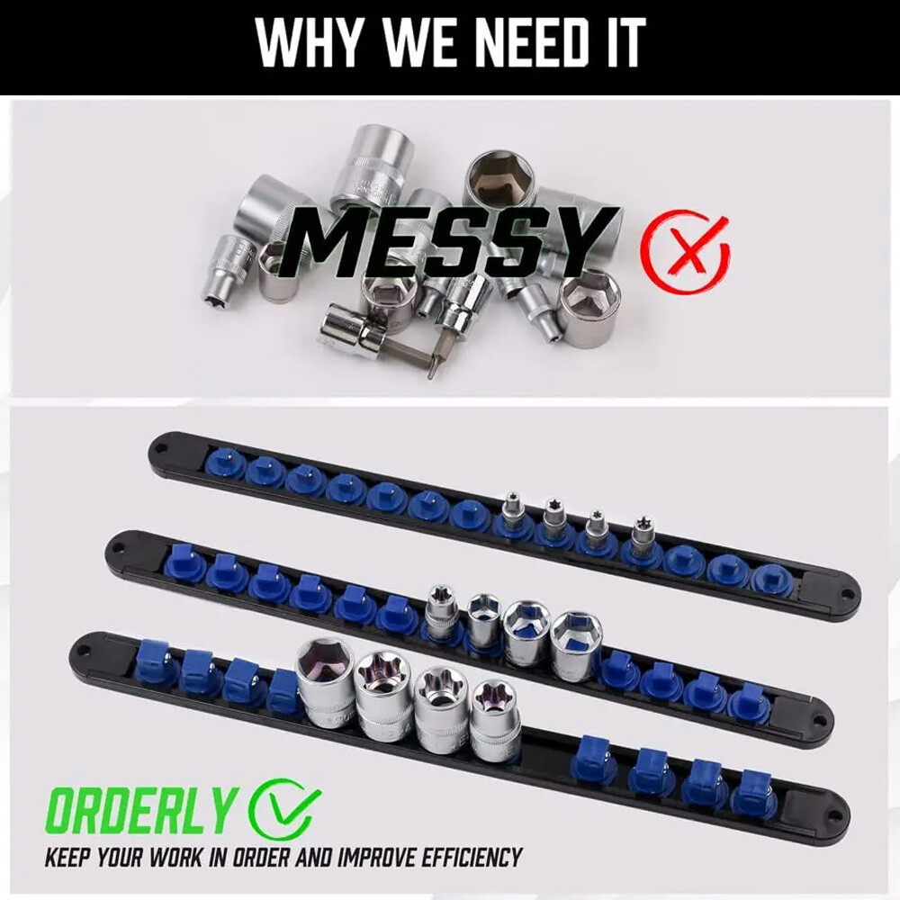 Socket Organizer Mountable Sliding Holder Tool Rail Rack Storage 1/4" 3/8" 1/2"