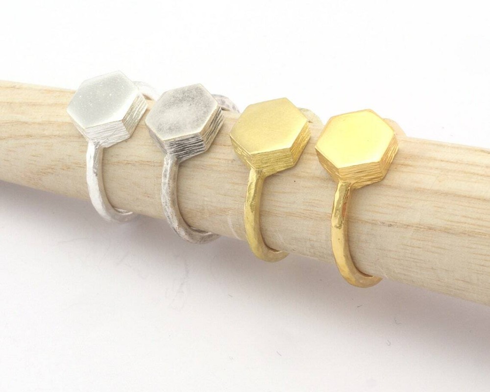 Hexagonal Brushed Edge Ring Adjustable Silver,Raw Brass,Shiny gold-silver 4723