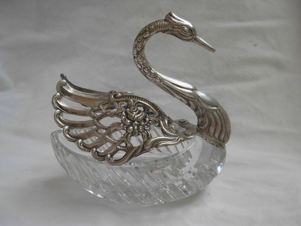 ANTIQUE SOLID SILVER CUT CRYSTAL SALT CELLAR,SWAN SHAPE,20th CENTURY.