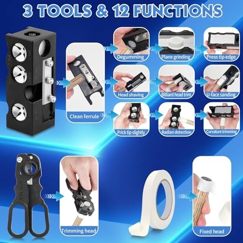 Billiards Pool Cue Tip Shaper, Pool Cue Tips Replacement Kit, Black 10 in 1