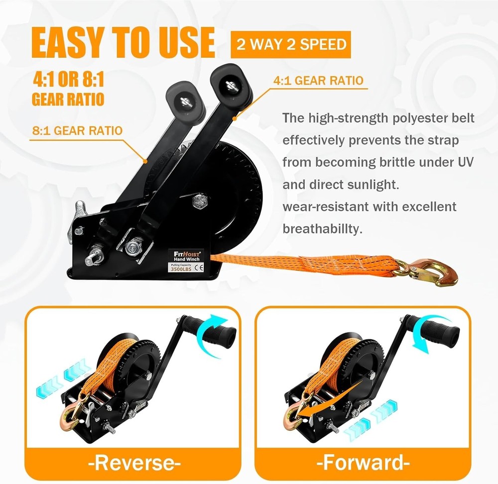 Boat Trailer Winch，Heavy Duty Hand Winch with Polyester Strap, 3500LBS