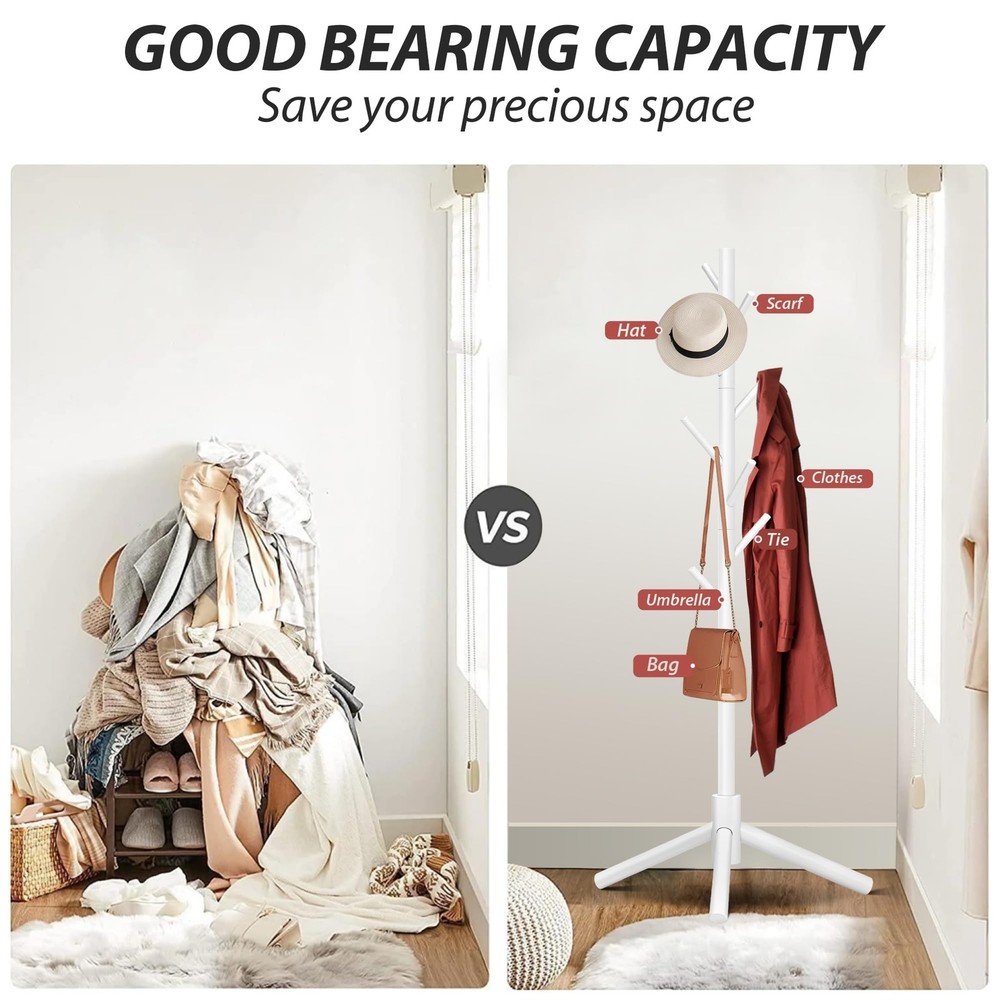 Durable Wooden Coat Rack Freestanding with Stable Triangular Base 8 Hooks &