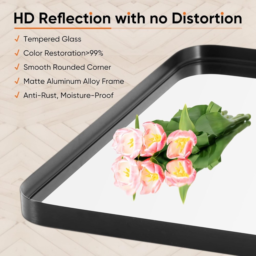 Black Vanity Bathroom Mirror Wall Metal Framed Rounded Rectangular Modern