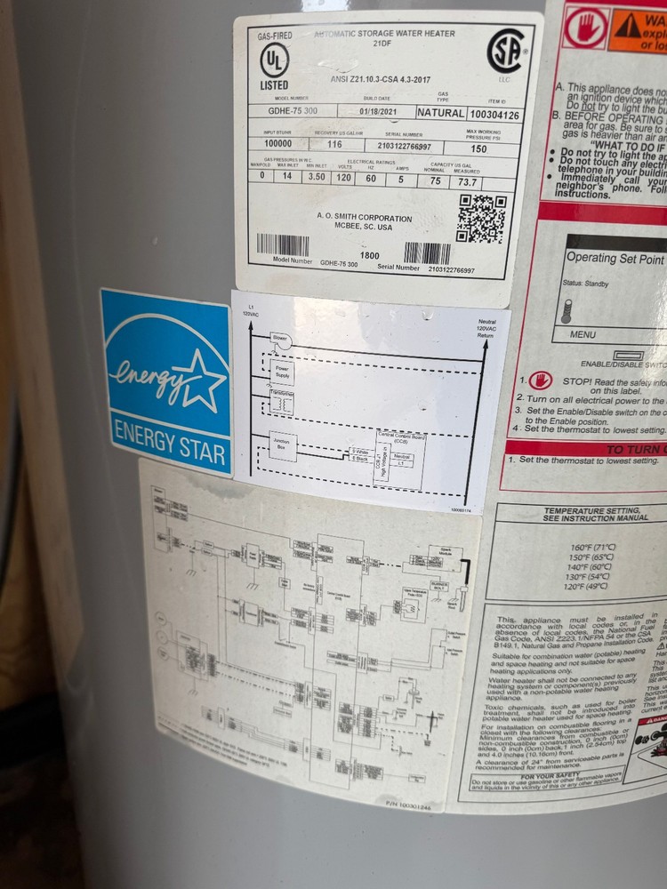 AO Smith Vertex GDHE-75 300 75-Gal Gas Water Heater 100,000 BTU | Energy Star