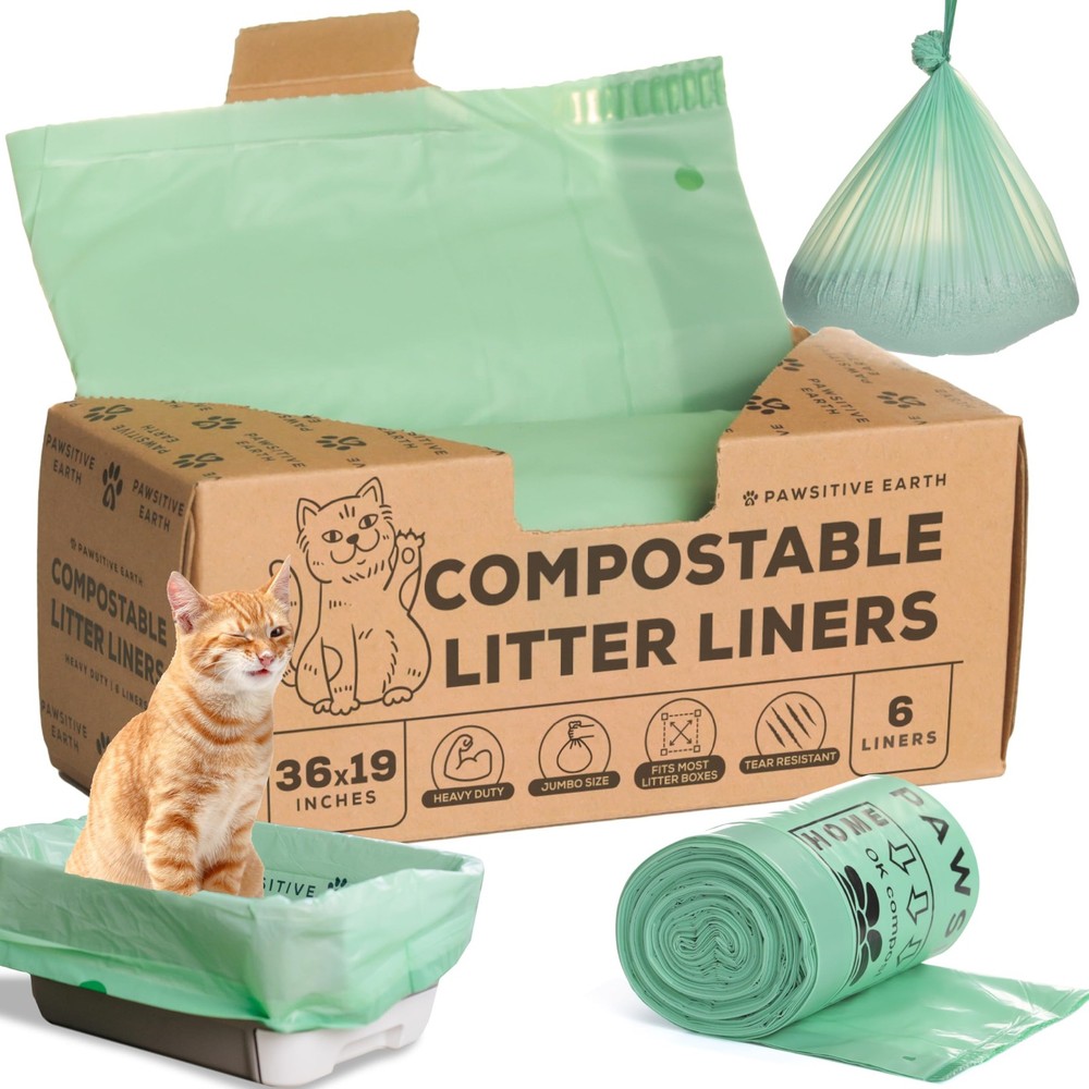 Cat Litter Box Liners 100% Compostable - Drawstring Close - Pack of 6, white