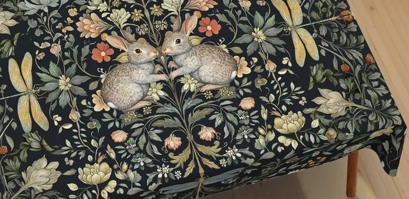 Rustic Rectangular Tablecloth Black Bunny Floral Washable 60 x 84 Inches