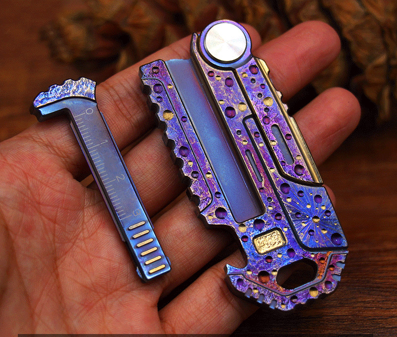 EDC Titanium Key Chain Multi Tools Card Bottle Opener Folding Knife Simple Ruler