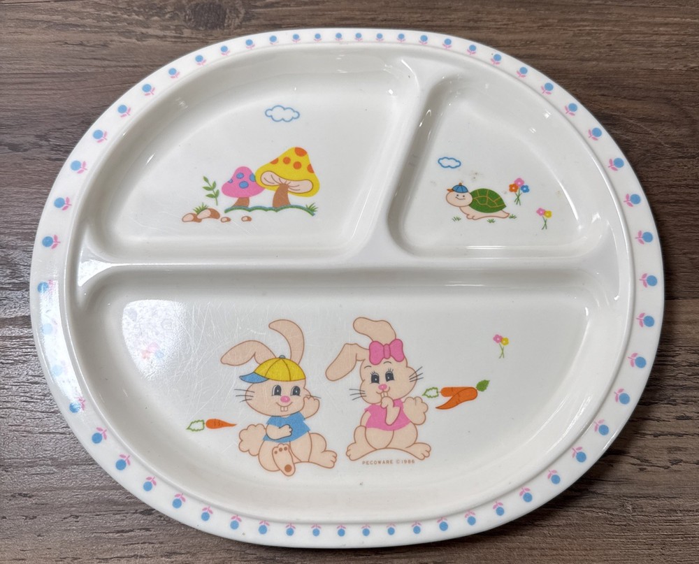 Vintage Peco 3section Divided Plate Bunny Rabbit Mushrooms Easter Turtle 1986