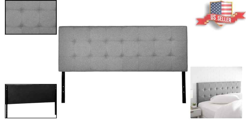 Sleek King Size Tufted Headboard in Gray Linen Polyester - Adjustable Height