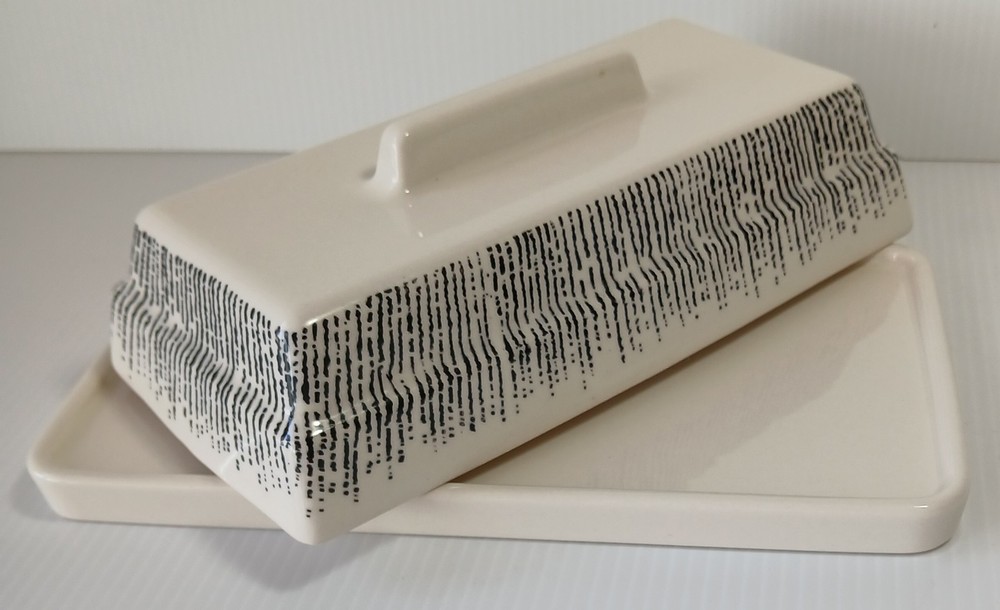 Thyme and Table Butter/Cheese Dish Stoneware White&Wavy Black Stripes Oversized