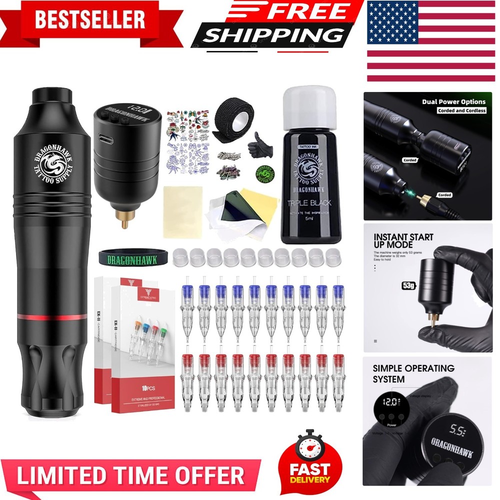 Atom Wireless Tattoo Gun Pen Machine Kit - Complete Beginner Tattoo Kit with ...