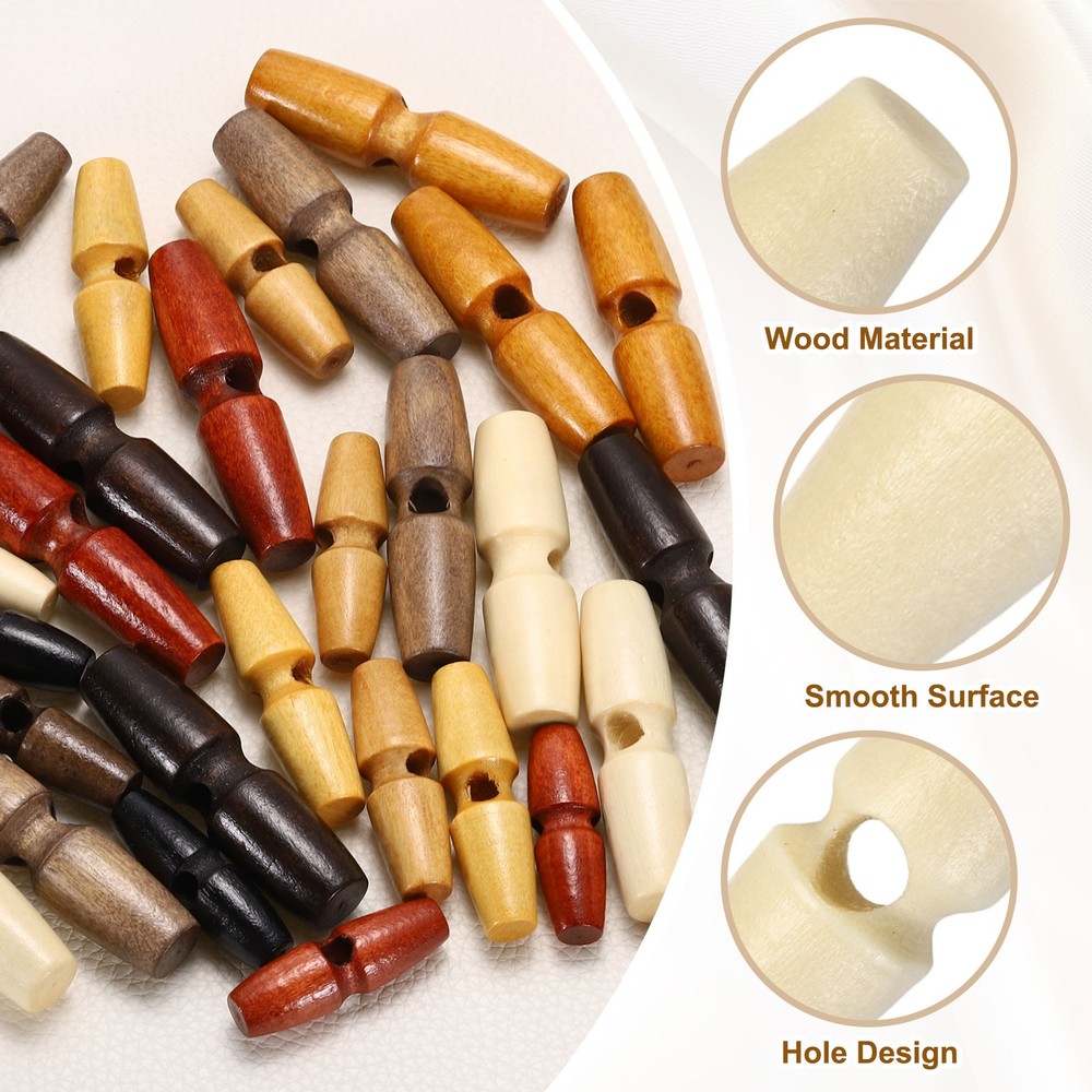 20pcs Wooden Toggle Buttons 45mm Single Hole Olive Sewing Button, Medium Brown