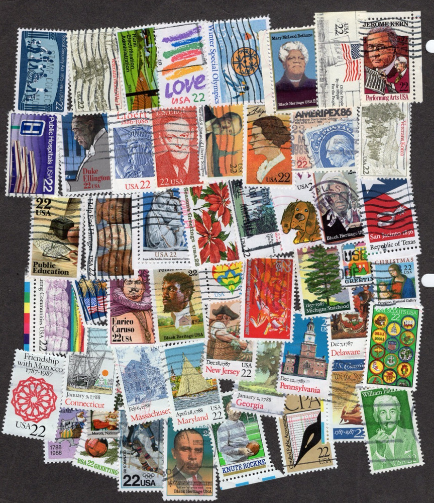 51 Different 22 cent Commemorative Stamps, Used, Off Paper