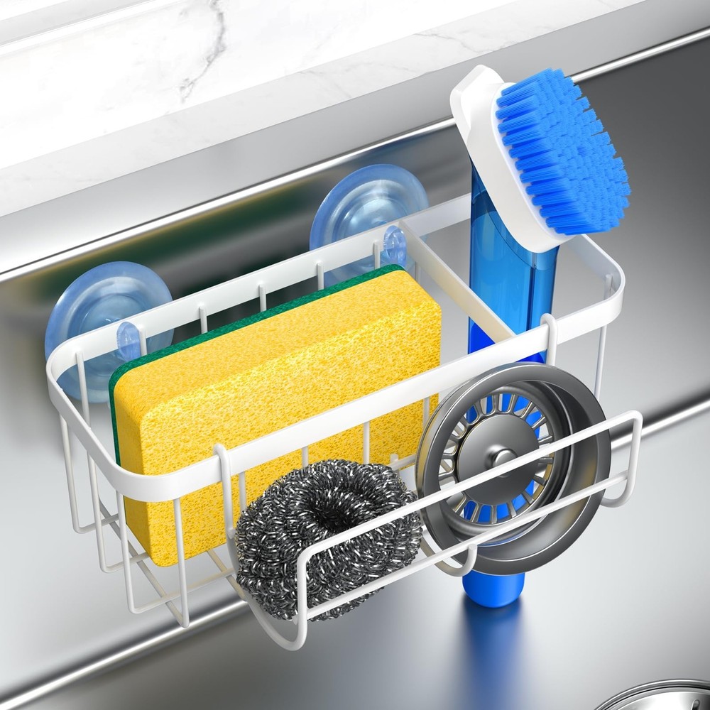 Kitchen Sink Caddy Organizer with Sponge Holder & Multifunctional Hooks - Dua...