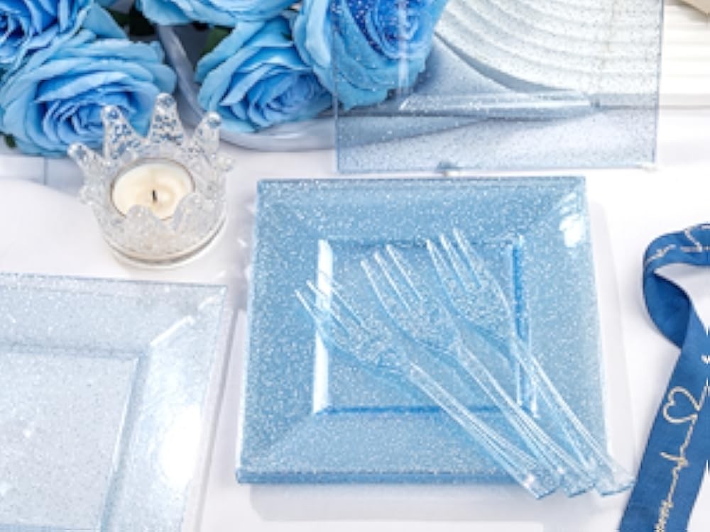 DaYmi Blue Glitter Dert Plates Including Appetizer Plates, Plastic