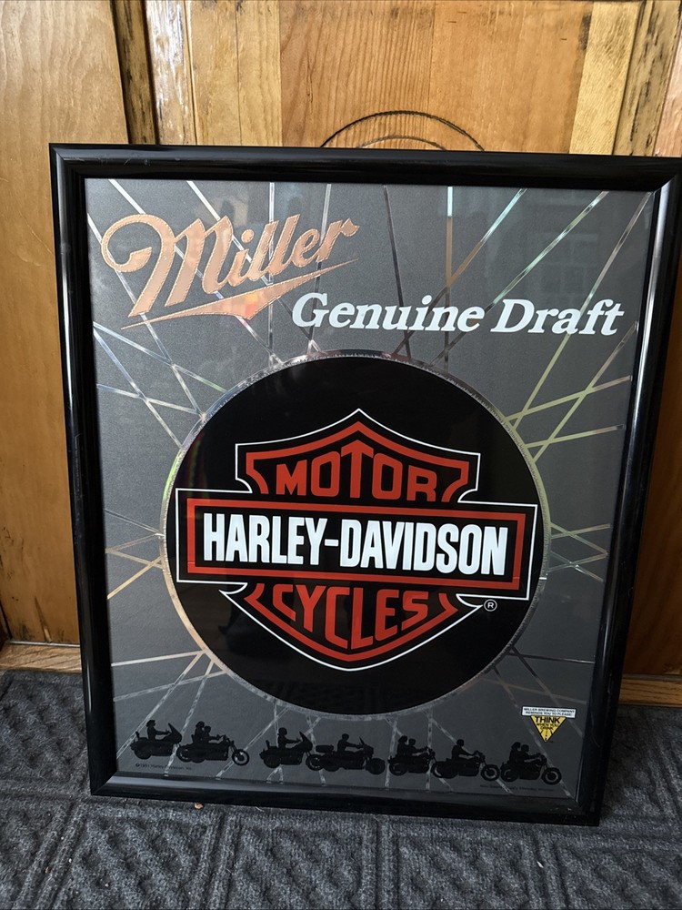 Vintage Harley Davidson Motorcycles Miller Genuine Draft Beer Bar Mirror 1990’s