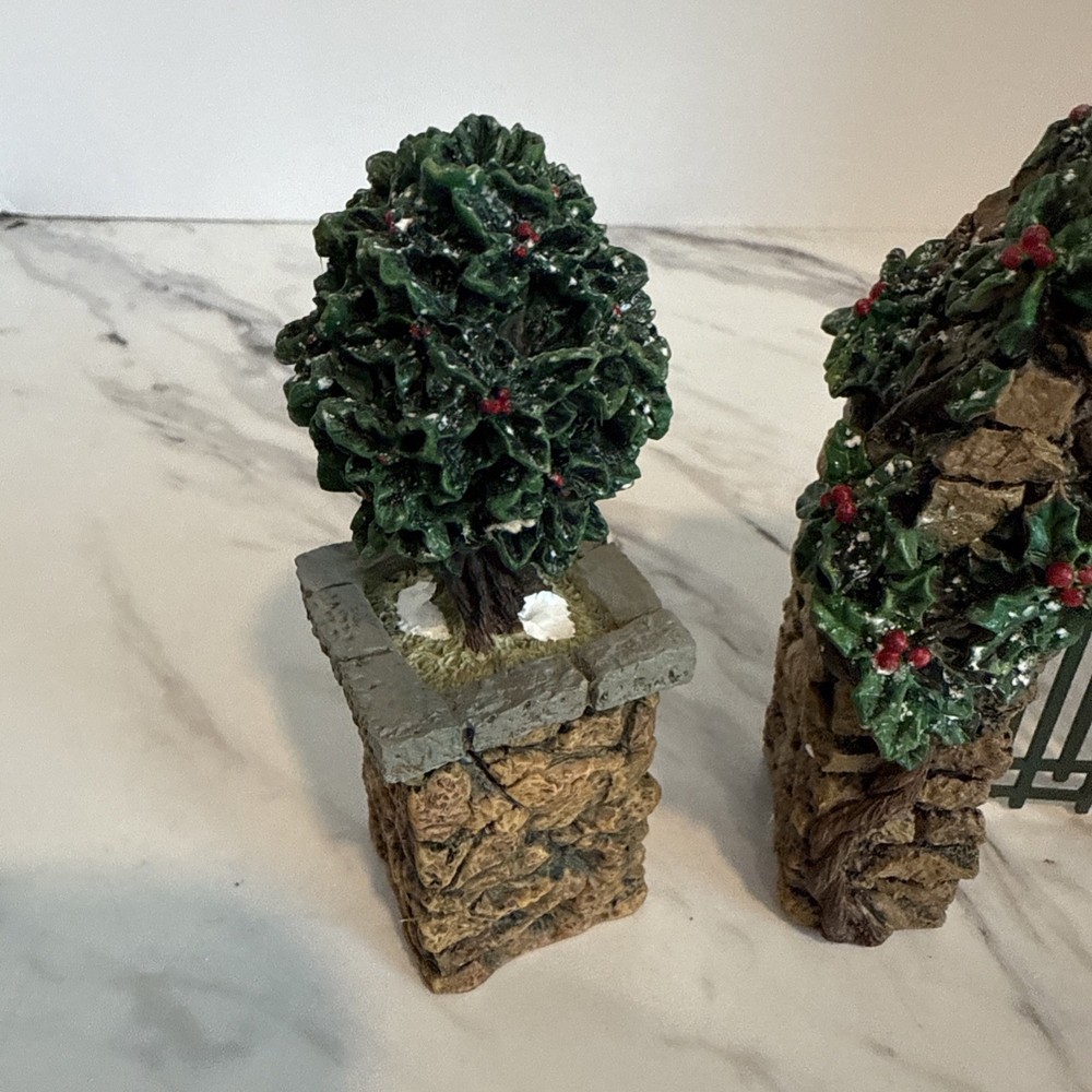 Dept 56 Stone Corner Posts with Holly Tree and Stone Archway Accessory #52648