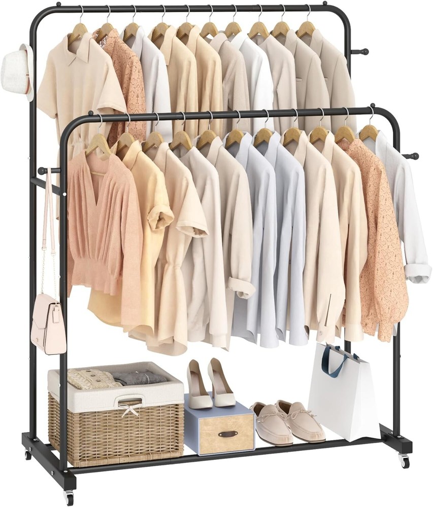 Double Rod Garment Rack with Wheels, 4 Hooks, Multi-functional Black Cloth Rack