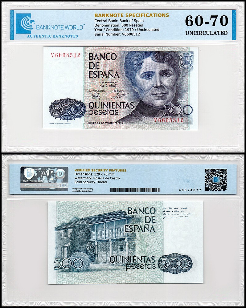 Spain 500 Pesetas, 1979, P-157, UNC, Authenticated Banknote