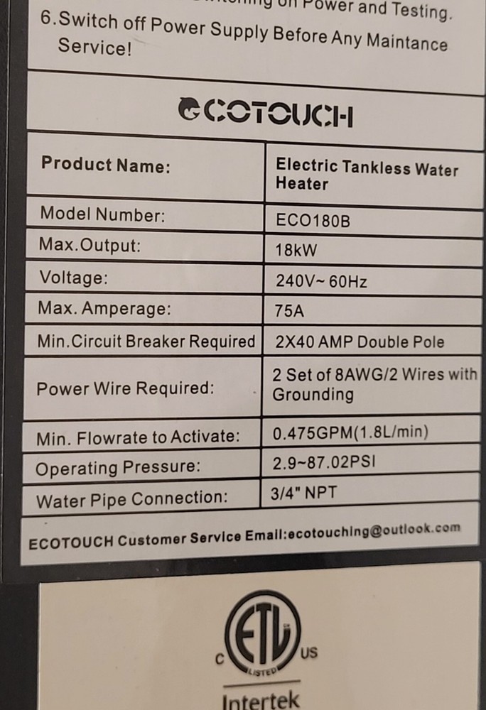 COTOUCH Electric Tankless Water Heater ECO180B 18kW Max Amp 75 Free Shipping!!