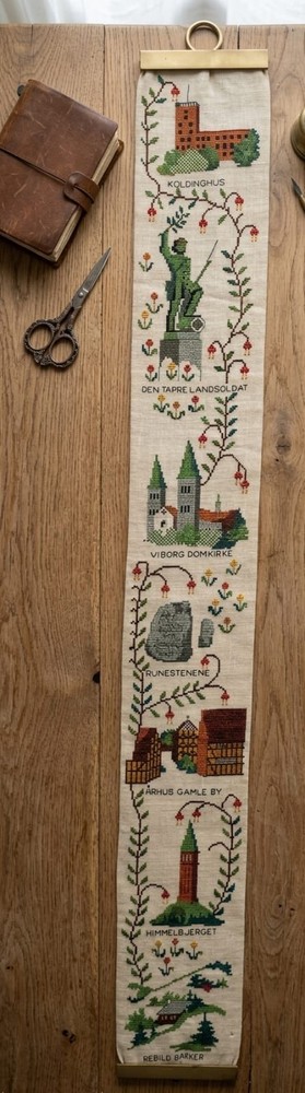 VINTAGE DANISH CROSS STITCH BELL PULL - SCANDINAVIAN LANDMARKS WALL ART