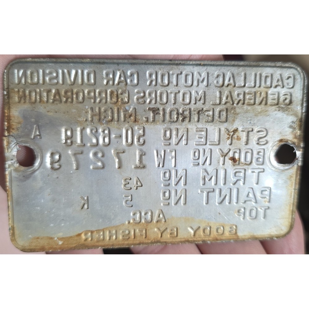 Cadillac 1950 Data Plate Tag
