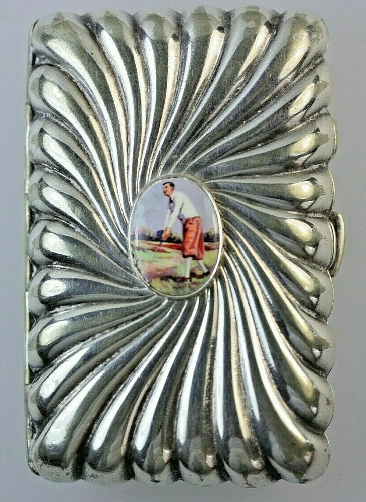 Antique Solid Silver Cigarette Case Golfer  Enamel inset