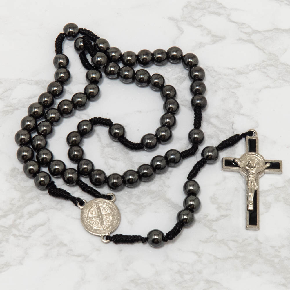 Saint St Benedict Medal Cord Rosary Black Hematite Beads Rosario San Benito 12"
