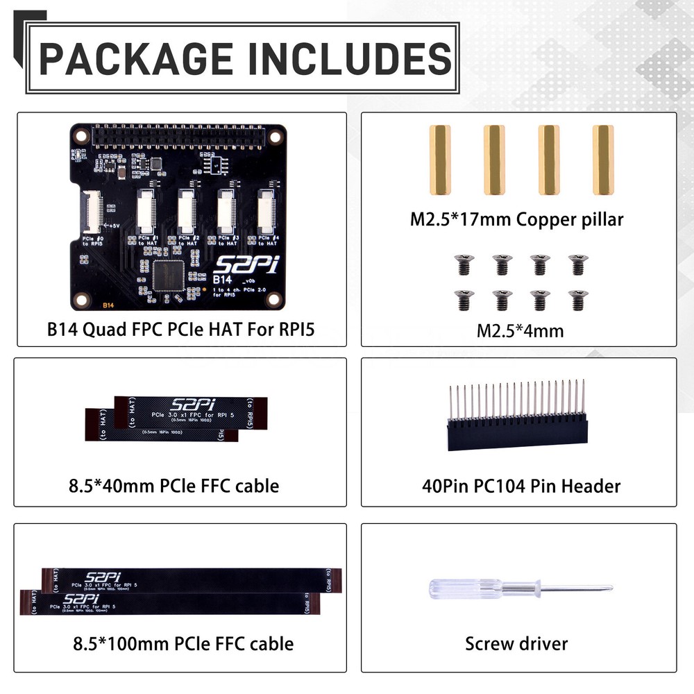 B14 Quad FPC PCIe HAT for Raspberry Pi 5 Daisy-Chaining Capability