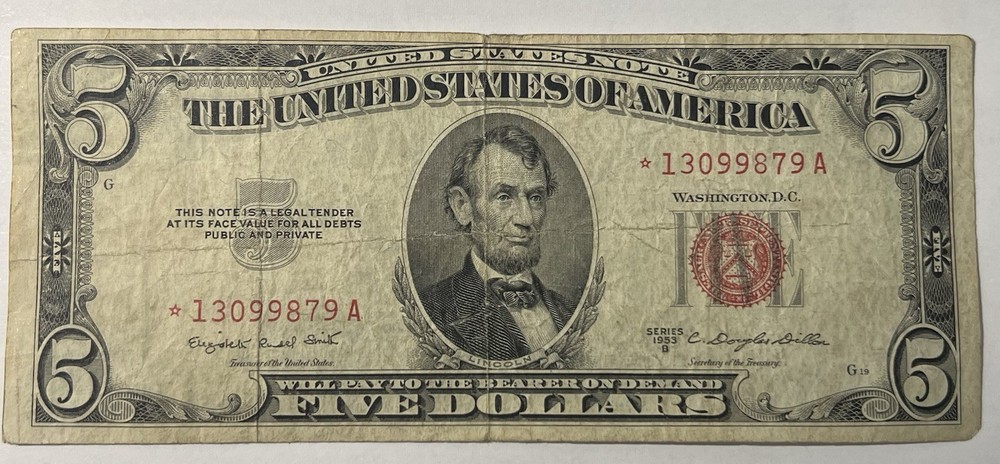 1953-B  $ 5 Dollar U.S Red Seal * Star*  Note  ( Fine)