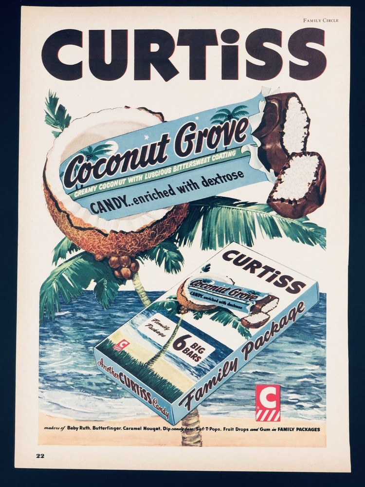 Original Curtiss Coconut Grove Candy Ad: Sandy Beach, Coconut Trees, Ocean