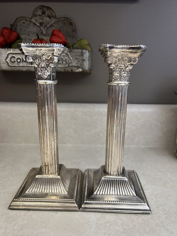 Antique Silver Plated Neoclassical Corinthian Column Taper Candlestick Pair