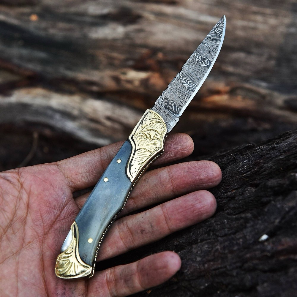 Damascus Folding Blade Pocket Knife Original Camel Bone Handle Engraved Brass